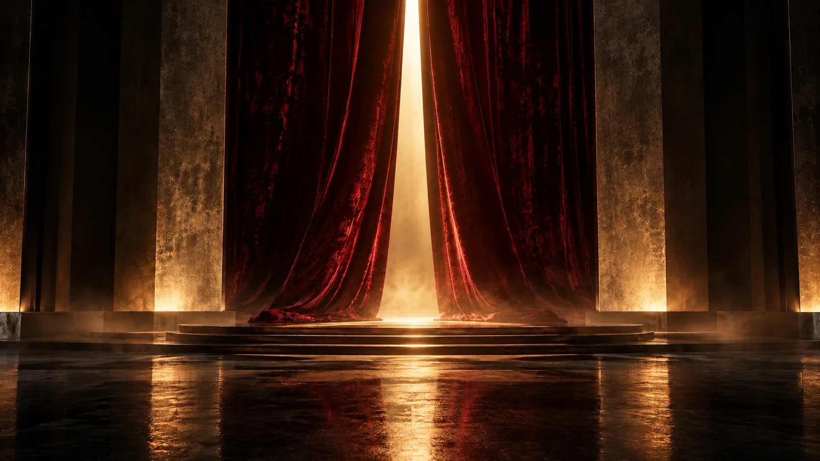 A stage with red velvet curtains parted by a sliver of light